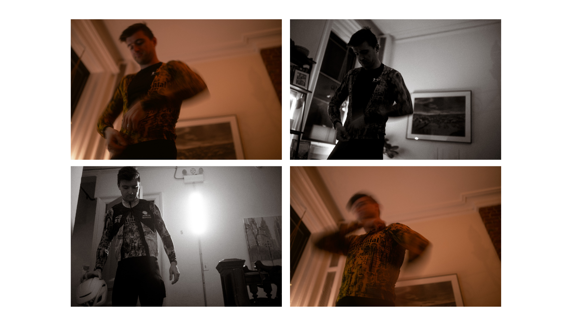 Cycling clothes and shoes arranged without a rider present beside a bicycle.