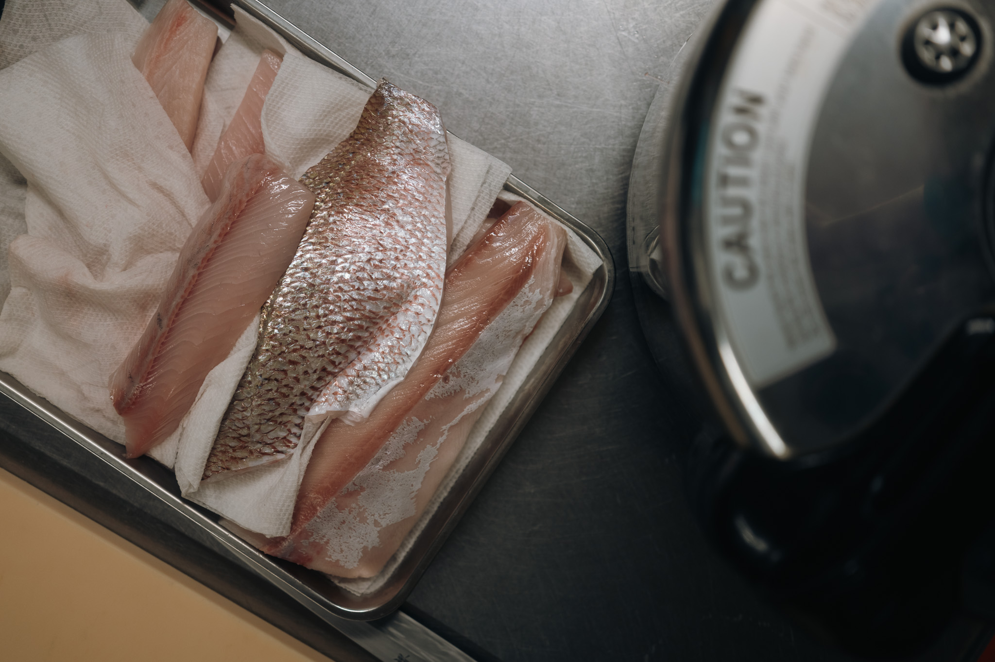 Snapper fillets laid out on a tray, top-down composition.